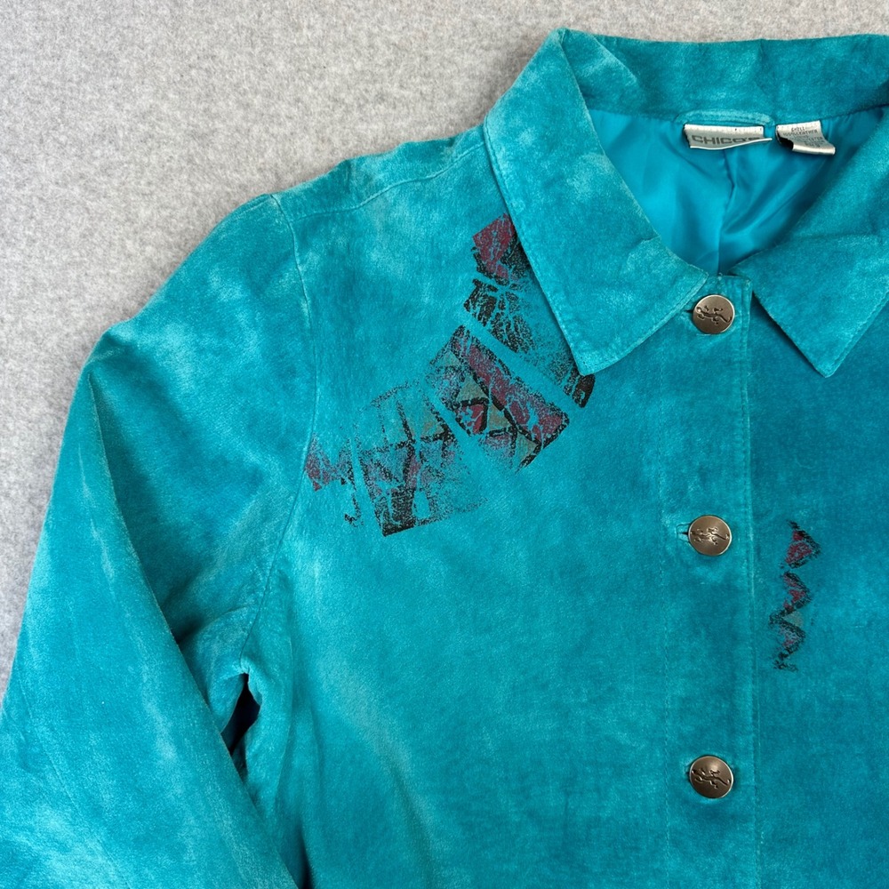 Chicos Teal Suede Leather Southwestern Sun Jacket Womens Turquoise Blue Art Coat
